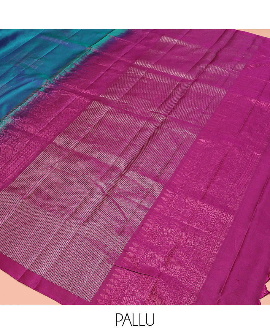 Borderless blue zari buttas soft silk saree, contrast pallu of diagonal stripes