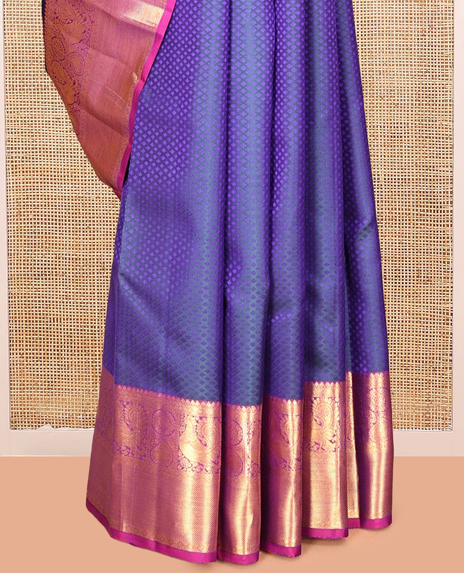 Blue Embossed Parambara Silk Saree, a Contrast Border of Thilakam Mokku, Diamond, Mayil, Chakram, and Manga Designs, Grand Pallu, and Contrast Blouse