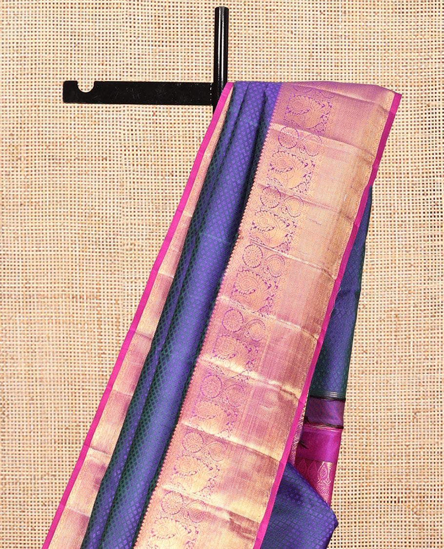 Blue Embossed Parambara Silk Saree, a Contrast Border of Thilakam Mokku, Diamond, Mayil, Chakram, and Manga Designs, Grand Pallu, and Contrast Blouse