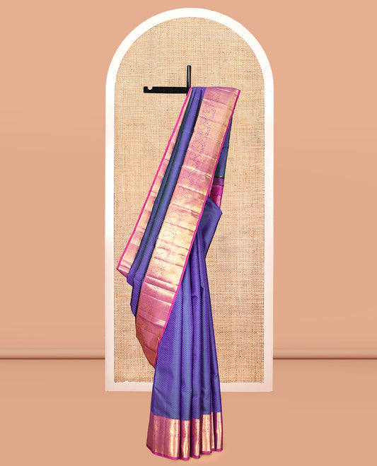 Blue Embossed Parambara Silk Saree, a Contrast Border of Thilakam Mokku, Diamond, Mayil, Chakram, and Manga Designs, Grand Pallu, and Contrast Blouse