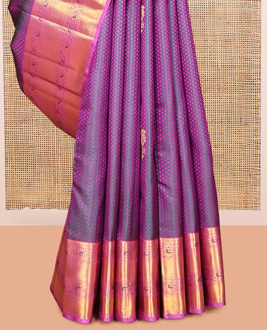 Purple Embossed-Buttas Kanchipuram Silk Saree, a Contrast Kodi Visiry Border, Floral Jaal Pallu, Contrast Blouse