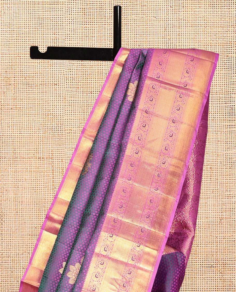 Purple Embossed-Buttas Kanchipuram Silk Saree, a Contrast Kodi Visiry Border, Floral Jaal Pallu, Contrast Blouse