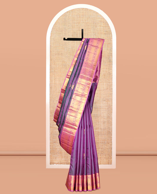 Purple Embossed-Buttas Kanchipuram Silk Saree, a Contrast Kodi Visiry Border, Floral Jaal Pallu, Contrast Blouse