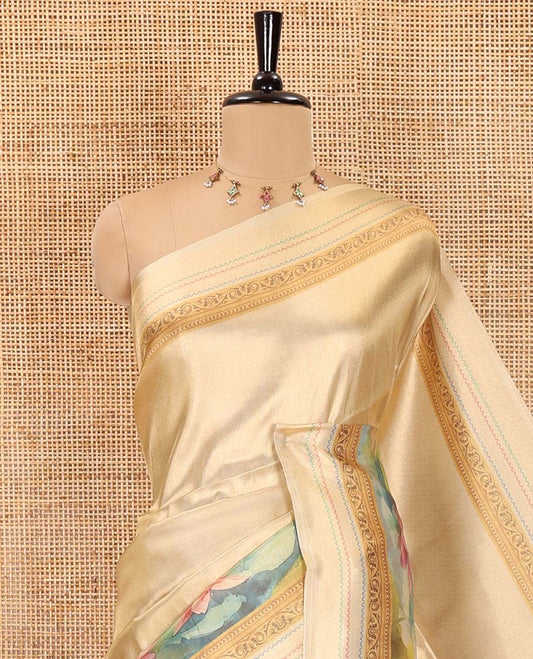 Gold Mughal buildings and Pichwai lotus printed tissue satin saree, dotted striped border, Mughal-style building printed pallu, and ogee patterned blouse