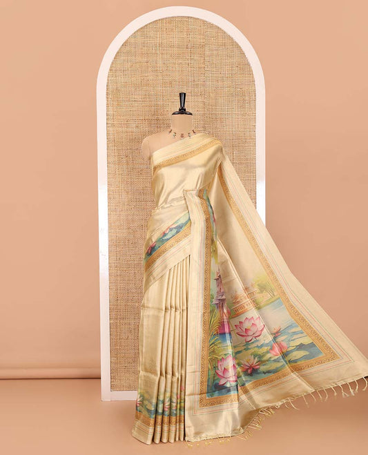Gold Mughal buildings and Pichwai lotus printed tissue satin saree, dotted striped border, Mughal-style building printed pallu, and ogee patterned blouse