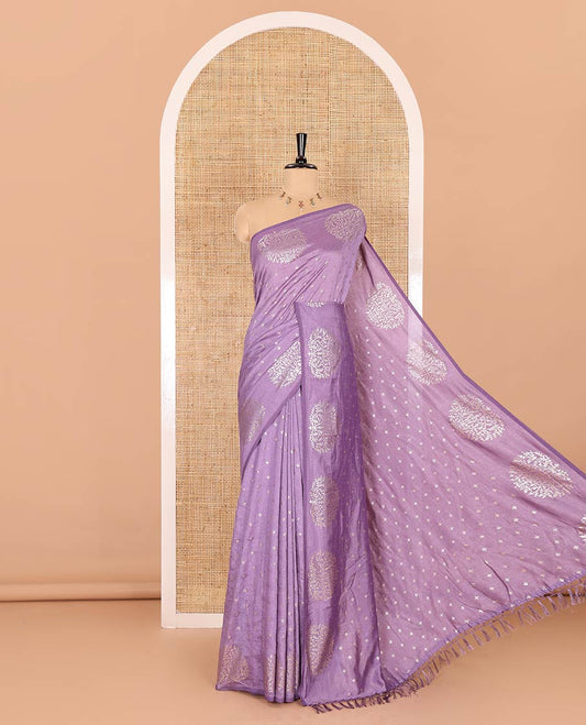 Lavender plus buttas woven Vichitra silk saree, kalpavriksha tree motifs woven on its border, self-pallu, and no blouse