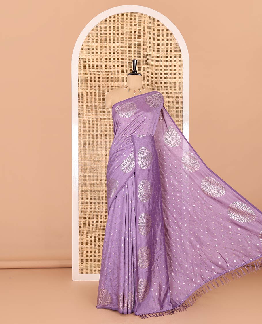 Lavender plus buttas woven Vichitra silk saree, kalpavriksha tree motifs woven on its border, self-pallu, and no blouse