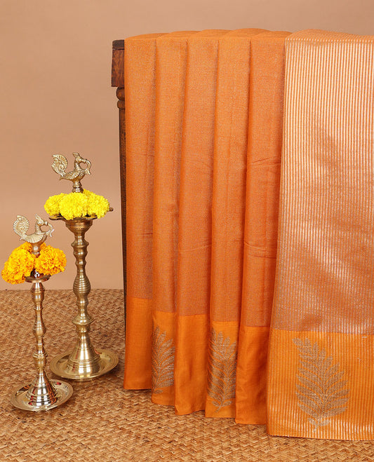 Mustard gold zari lines banarasi cotton saree with gold zari leaf designb order & cheer pallu along with striped blouse