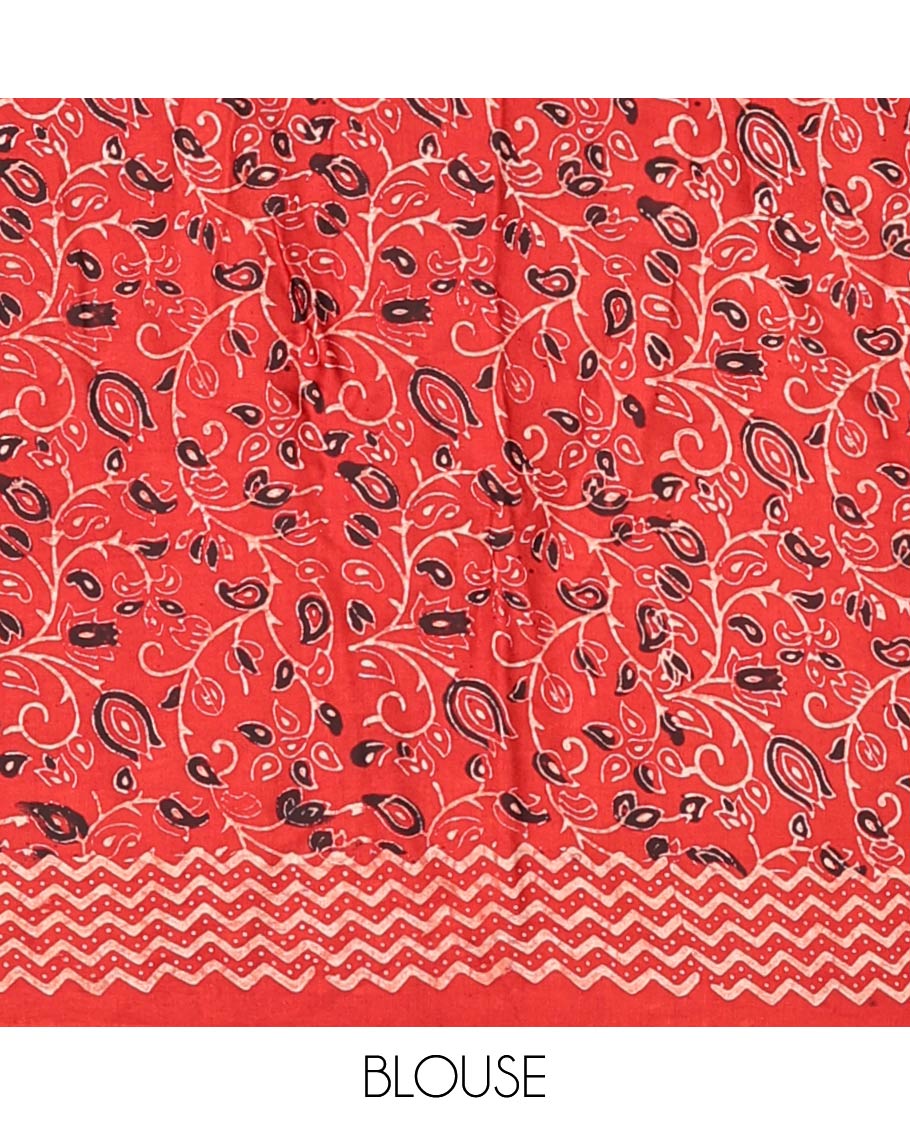 Red motifs modal saree with self intricate design border & floral design pallu