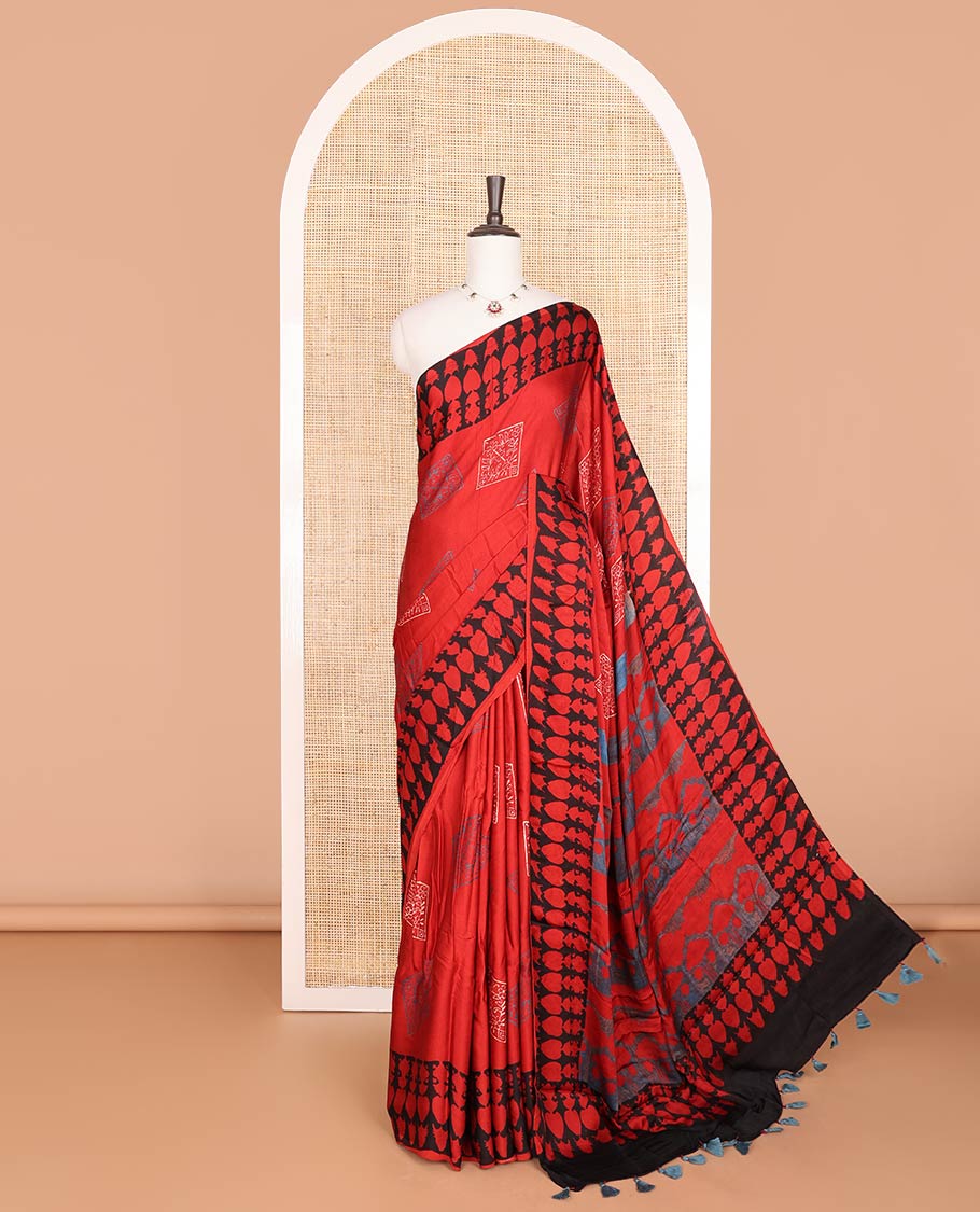 Red motifs modal saree with self intricate design border & floral design pallu