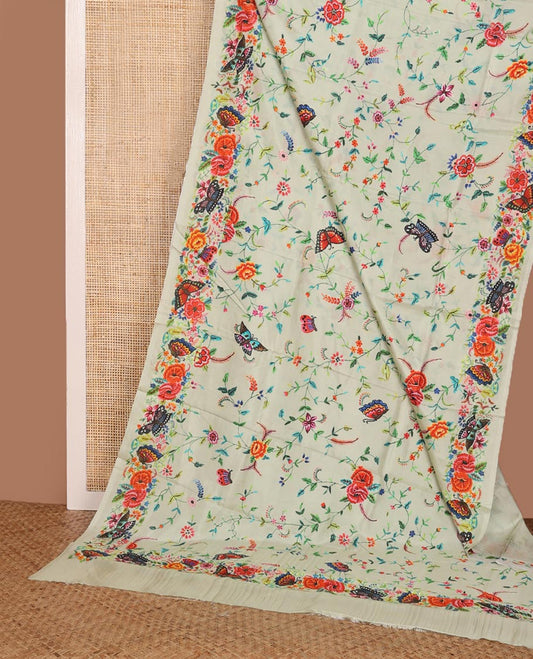 Pastel green floral vine & butterflies printed silk saree, self-border & pallu features the same floral vine & butterflies print