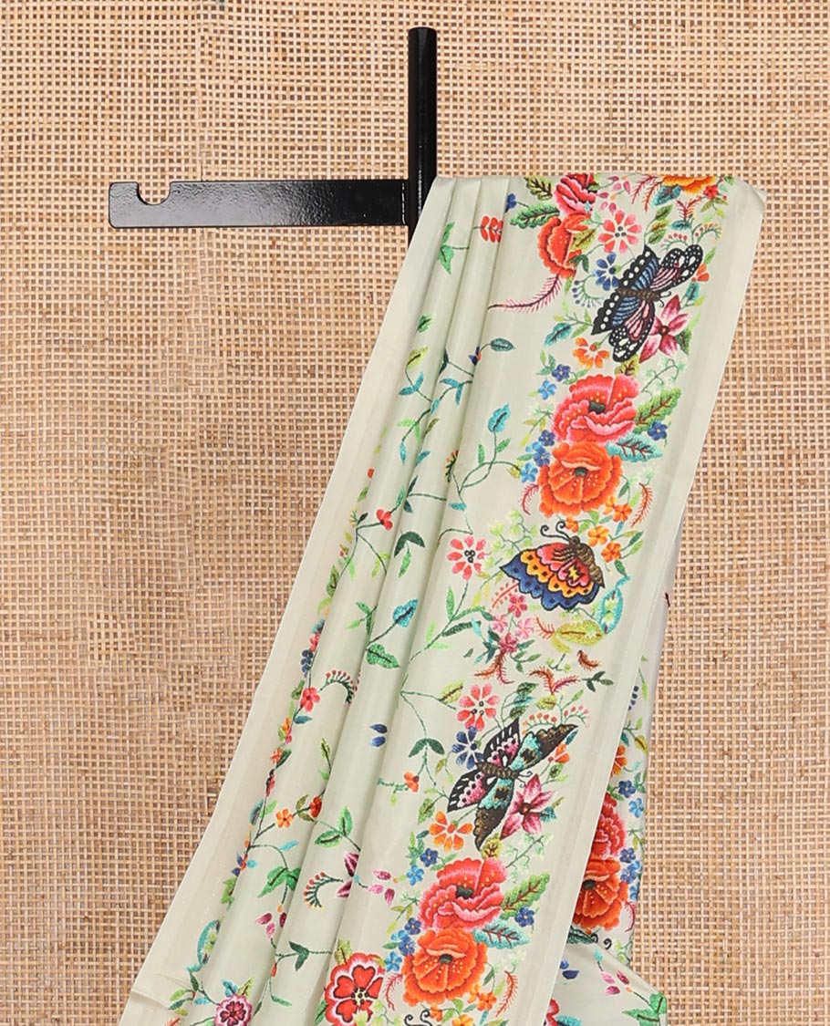 Pastel green floral vine & butterflies printed silk saree, self-border & pallu features the same floral vine & butterflies print