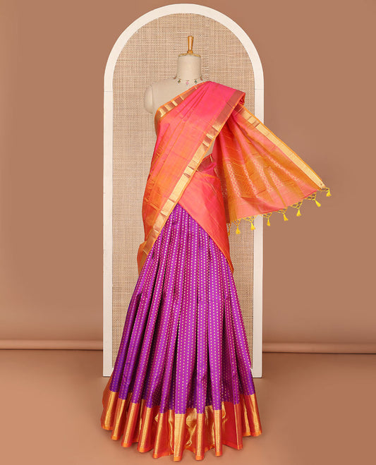 Pink zari buttas pure-silk half saree, contrast border & blouse of traditional designs, zari design dhavani