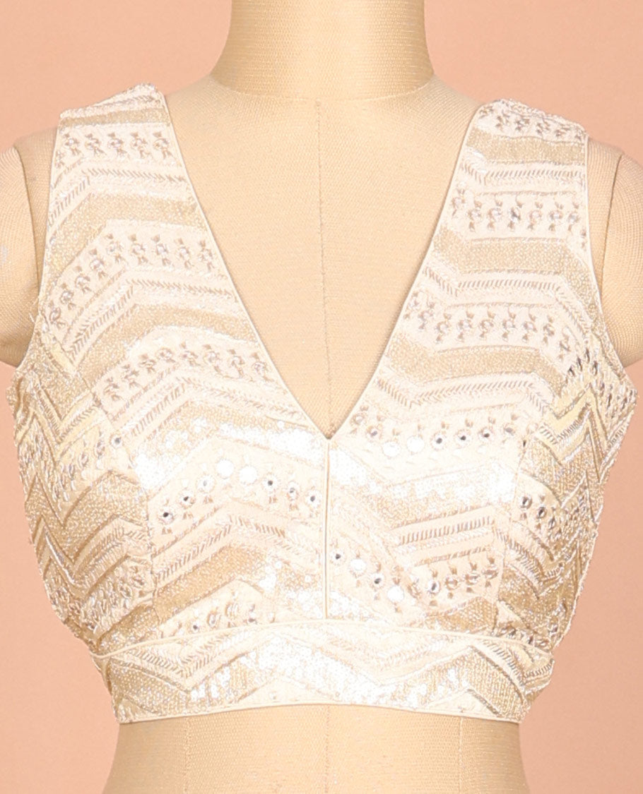 Cream geometric patterns thread embroidered front and back deep V-neck sleeveless raw-silk readymade blouse
