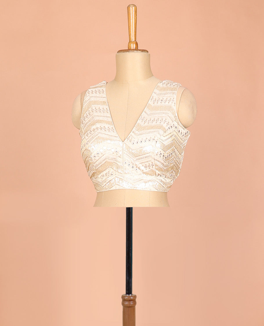Cream geometric patterns thread embroidered front and back deep V-neck sleeveless raw-silk readymade blouse