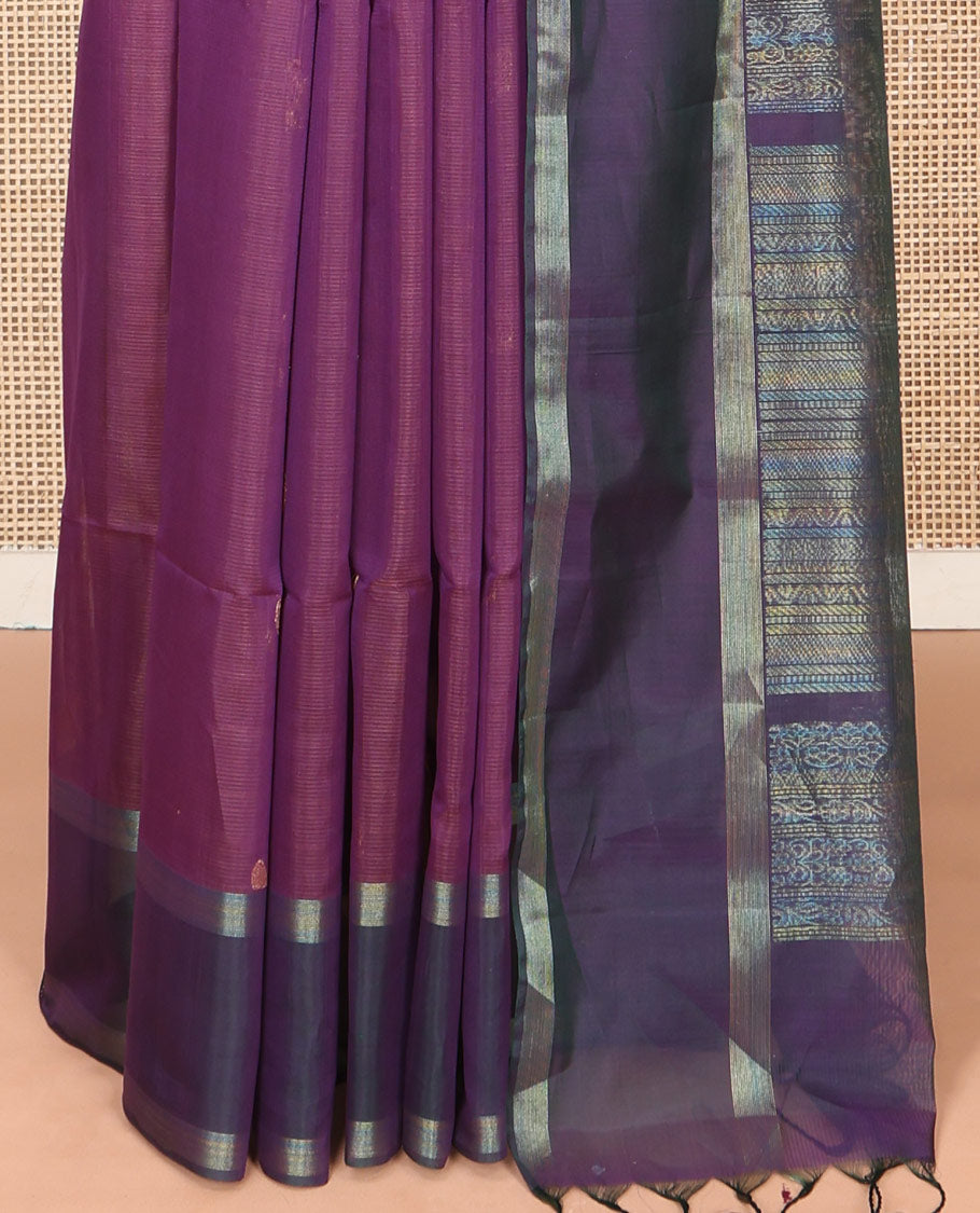 Purple Silk Cotton Saree, Elevated with Peacock and Rudraksha Buttas, Complemented by a Contrast Zari Buttas Border, Geometric Patterned Pallu, and a Contrast Blouse