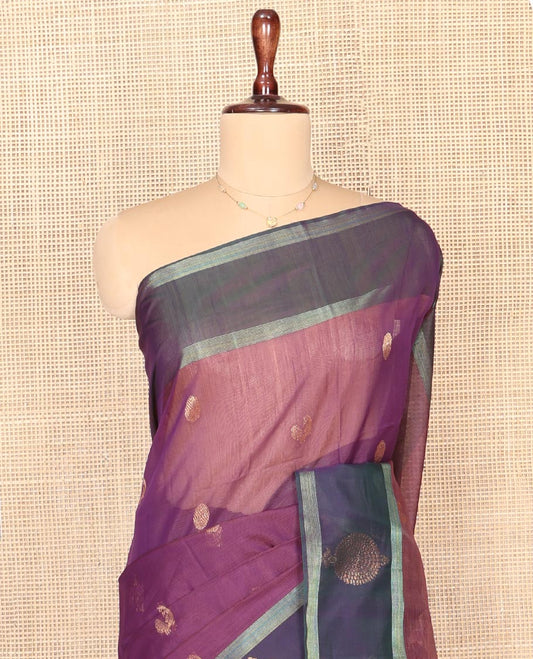 Purple Silk Cotton Saree, Elevated with Peacock and Rudraksha Buttas, Complemented by a Contrast Zari Buttas Border, Geometric Patterned Pallu, and a Contrast Blouse