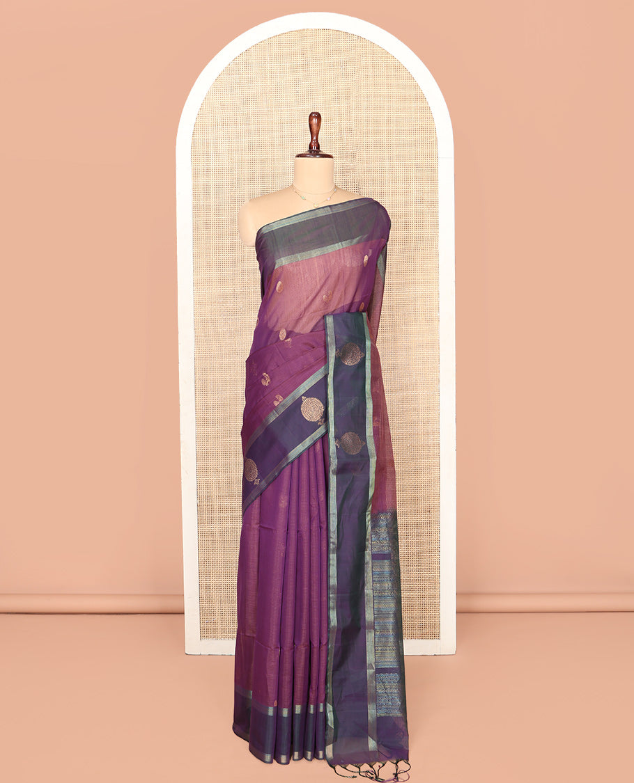 Purple Silk Cotton Saree, Elevated with Peacock and Rudraksha Buttas, Complemented by a Contrast Zari Buttas Border, Geometric Patterned Pallu, and a Contrast Blouse