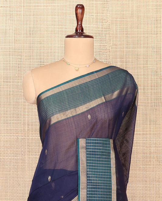 Blue Silk Cotton Saree, Subtly Sparkled With Zari Buttas All Over Its Body, Complemented by Contrast Zari Checked Border, Intricately Designed Pallu and Paired with a Contrast Blouse