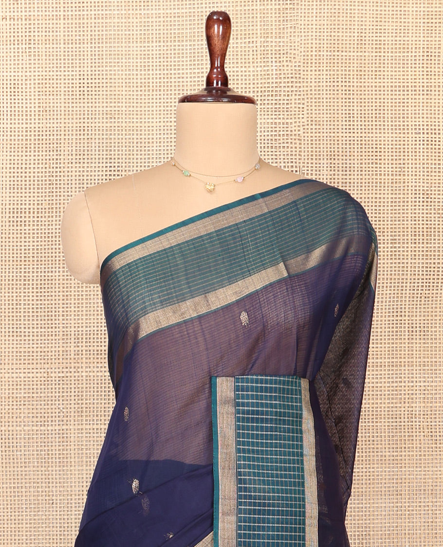 Blue Silk Cotton Saree, Subtly Sparkled With Zari Buttas All Over Its Body, Complemented by Contrast Zari Checked Border, Intricately Designed Pallu and Paired with a Contrast Blouse