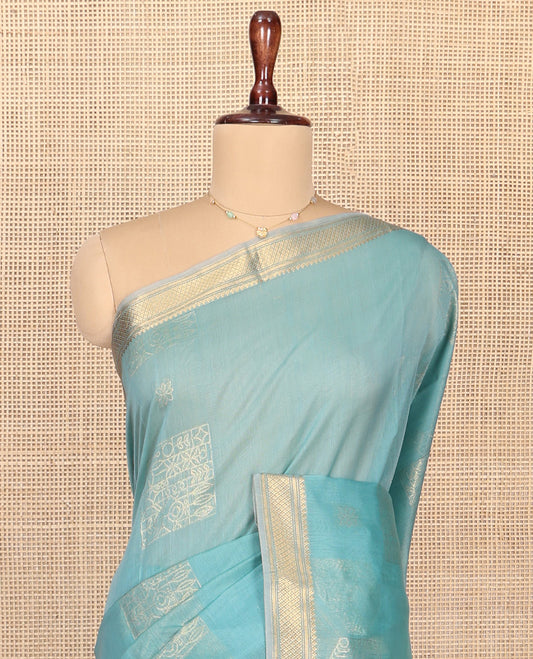 Blue Silk Cotton Saree, Highlighted by Traditional Zari Border, Gleaming Zari Pallu and Paired With a Matching Blouse