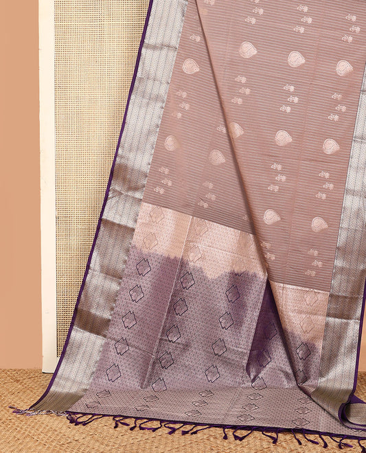 Brown striped and manga buttas soft silk saree, contrast traditional zari design border, and jaal pallu