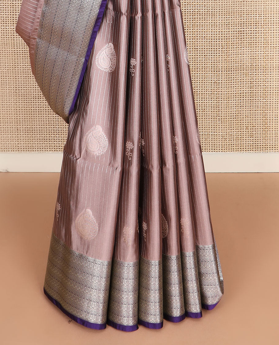 Brown striped and manga buttas soft silk saree, contrast traditional zari design border, and jaal pallu