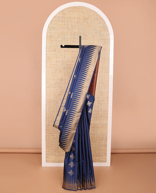 Blue geometric design semi soft silk saree with self temple border & floral design pallu