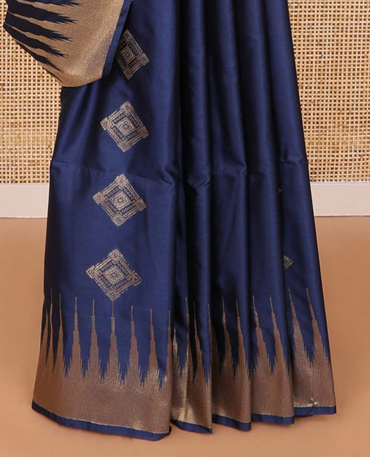 Blue geometric design semi soft silk saree with self temple border & floral design pallu
