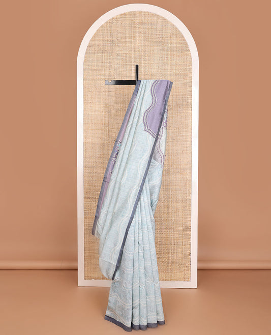 Blue crushed-style floral printed & thread kantha embroidery work tissue silk saree, contrast plain border & floral printed pallu
