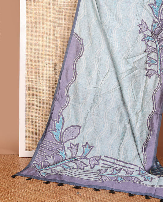 Blue crushed-style floral printed & thread kantha embroidery work tissue silk saree, contrast plain border & floral printed pallu