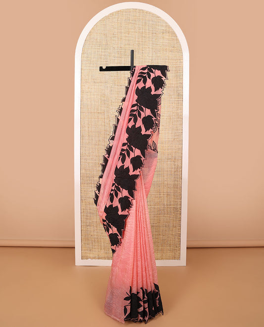 Peach crush tissue saree with self floral embroidery scallop border