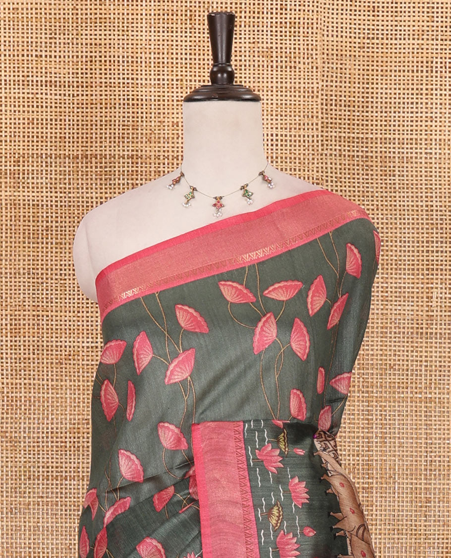 Grey Pichwai lotus floral vine and cow motifs printed tussar silk saree, contrast zari  border, and striped pallu