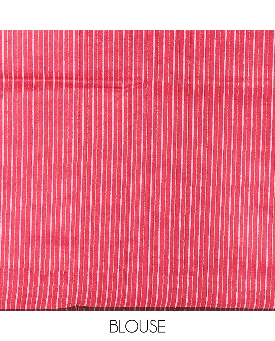 Borderless red chevron and square motifs resham thread woven tussar silk saree