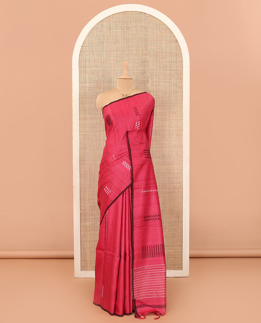 Borderless red chevron and square motifs resham thread woven tussar silk saree