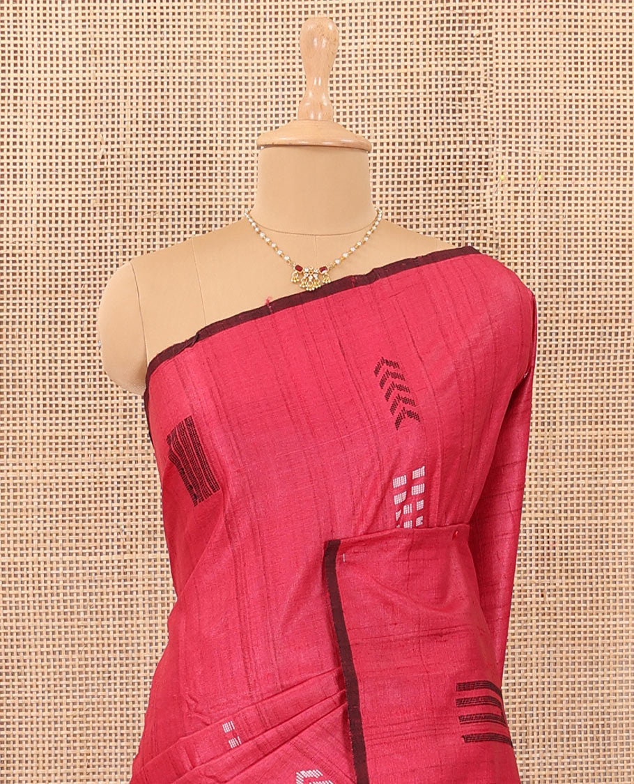 Borderless red chevron and square motifs resham thread woven tussar silk saree