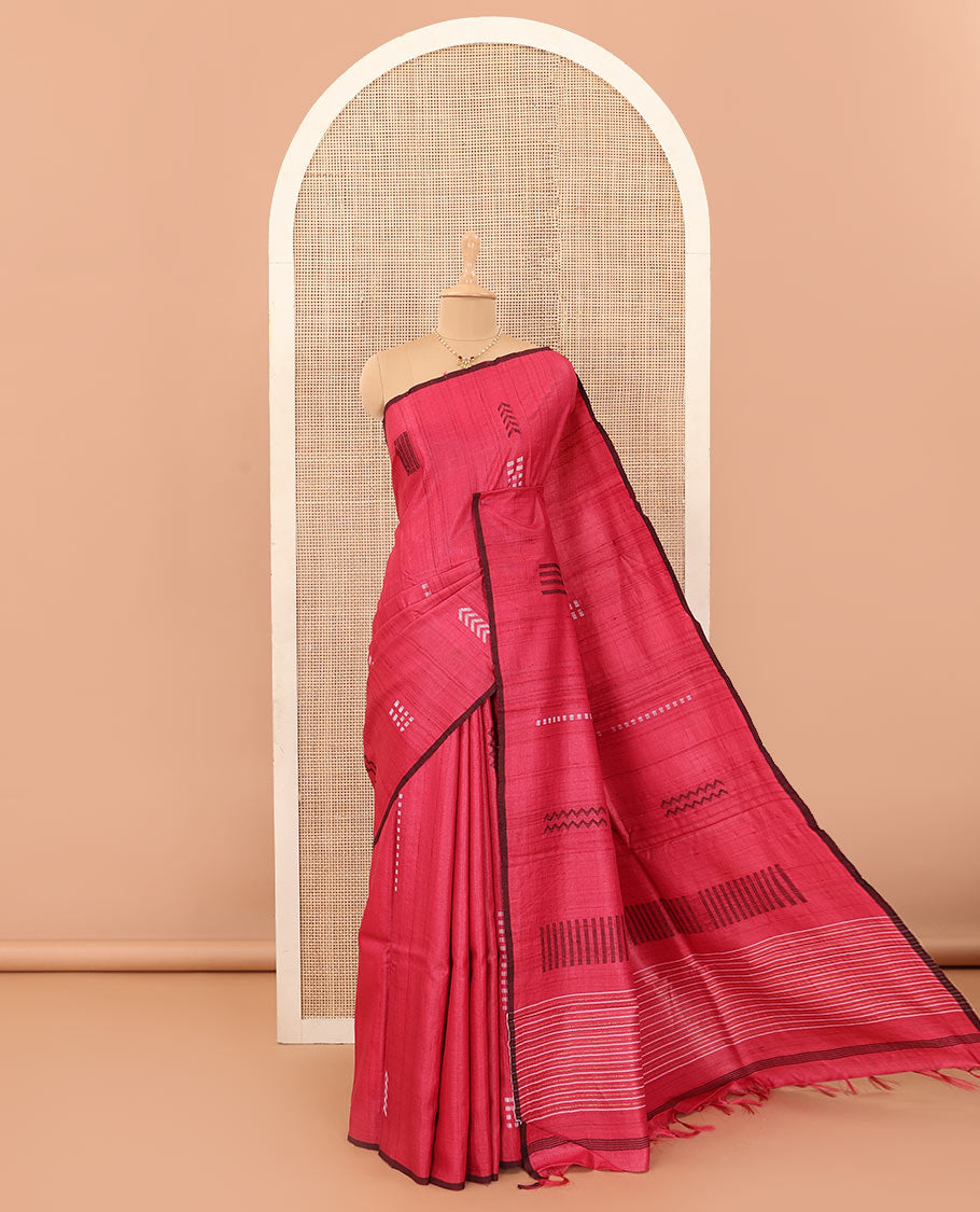 Borderless red chevron and square motifs resham thread woven tussar silk saree