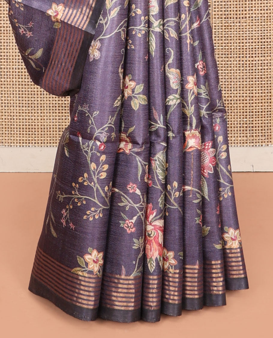 Grey Tussar Silk Saree, Bedecked with Floral-Bird Print, Highlighted by a Zari Border, Contrast Pallu, and a Matching Blouse