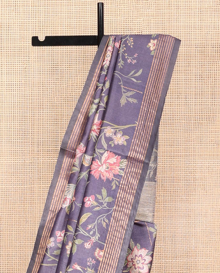 Grey Tussar Silk Saree, Bedecked with Floral-Bird Print, Highlighted by a Zari Border, Contrast Pallu, and a Matching Blouse
