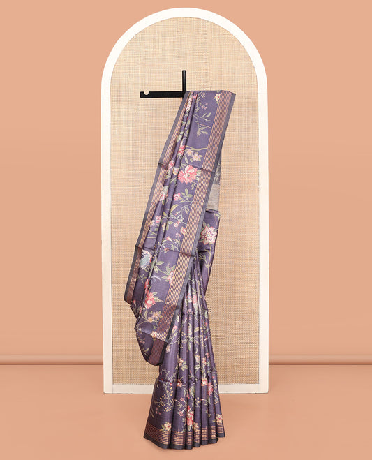 Grey Tussar Silk Saree, Bedecked with Floral-Bird Print, Highlighted by a Zari Border, Contrast Pallu, and a Matching Blouse