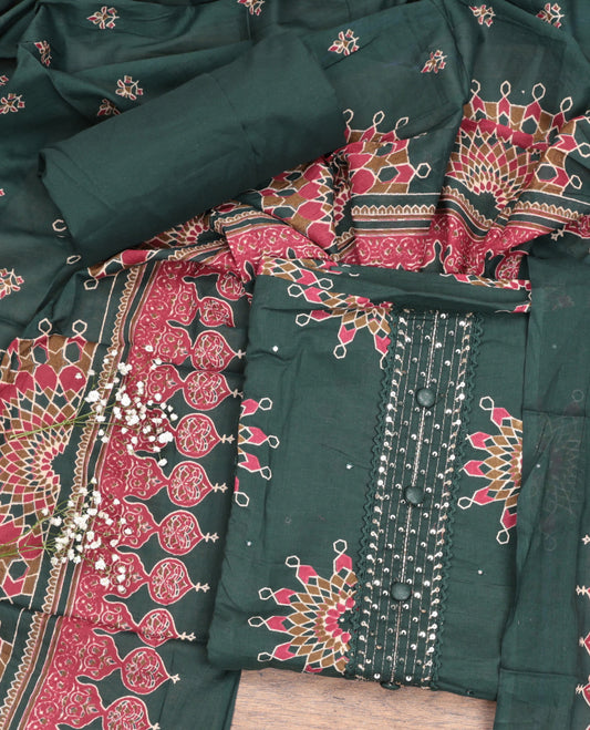 Green Cotton Material Churidar Set, Detailed with Kolam Motifs Printed on Its Top, a Plain Bottom, and Kolam Motifs Printed Dupatta