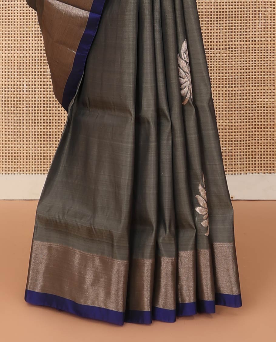 Cement grey zari buttas Uppada saree, contrast bavanji border, and jaal design pallu