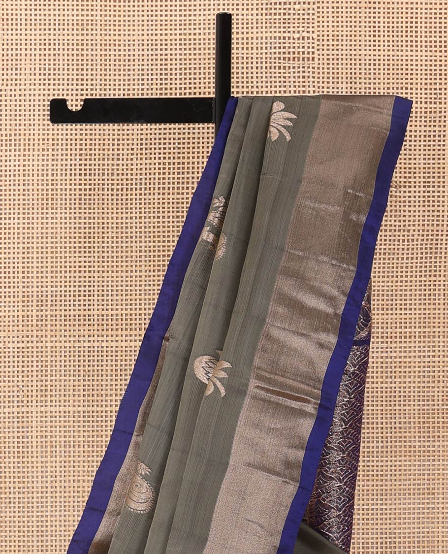Cement grey zari buttas Uppada saree, contrast bavanji border, and jaal design pallu