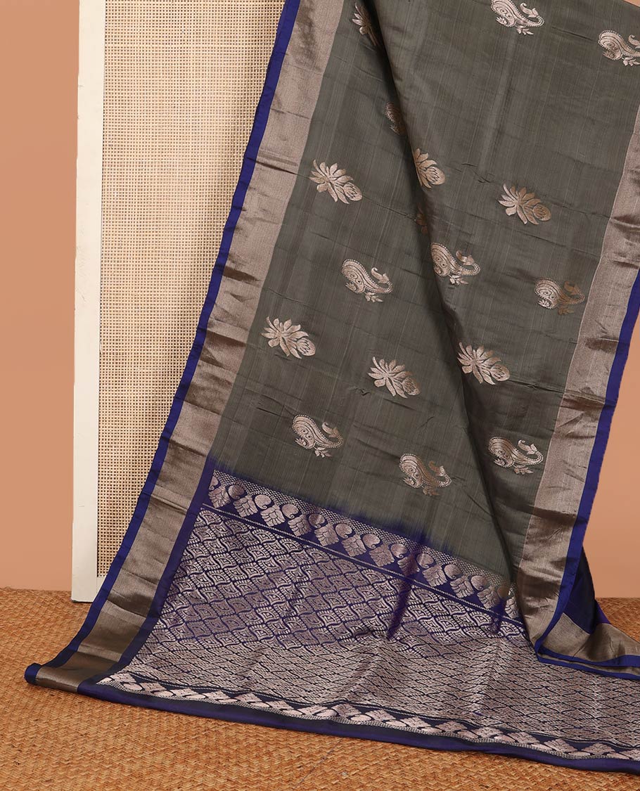 Cement grey zari buttas Uppada saree, contrast bavanji border, and jaal design pallu