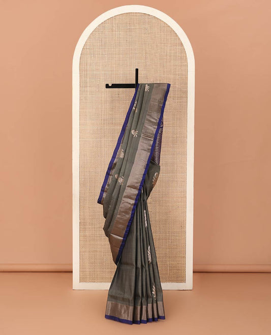 Cement grey zari buttas Uppada saree, contrast bavanji border, and jaal design pallu