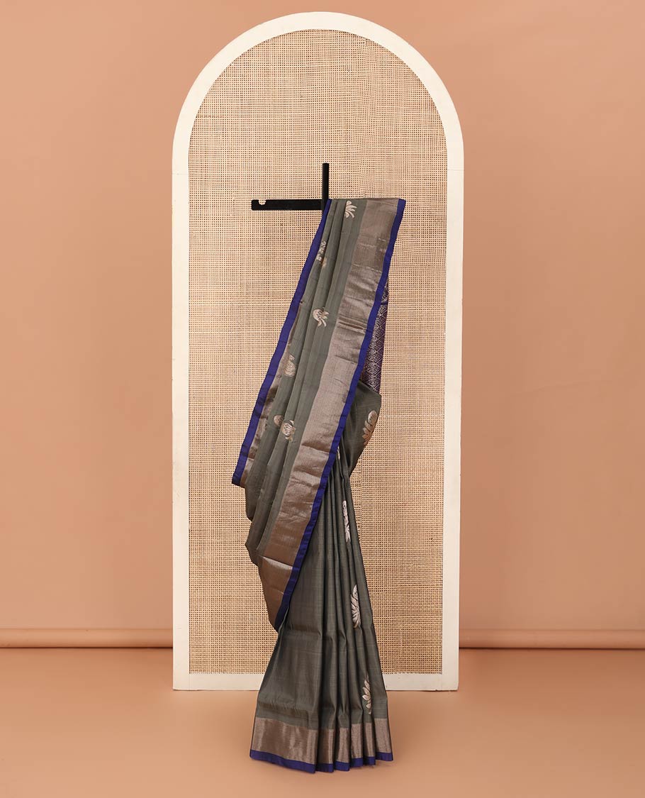 Cement grey zari buttas Uppada saree, contrast bavanji border, and jaal design pallu