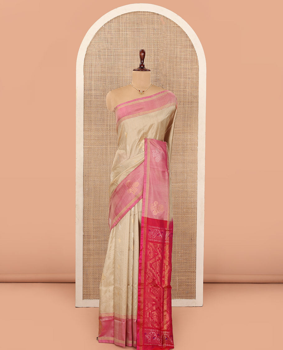 Sandal Uppada Silk Saree Featuring Zari Stripes and Buttas, Complemented by Contrast Sparsely Woven  Border of Zari Floral Motifs, Contrast Pallu Decked Up with Jaal Designs, and Paired with a Contrast Blouse