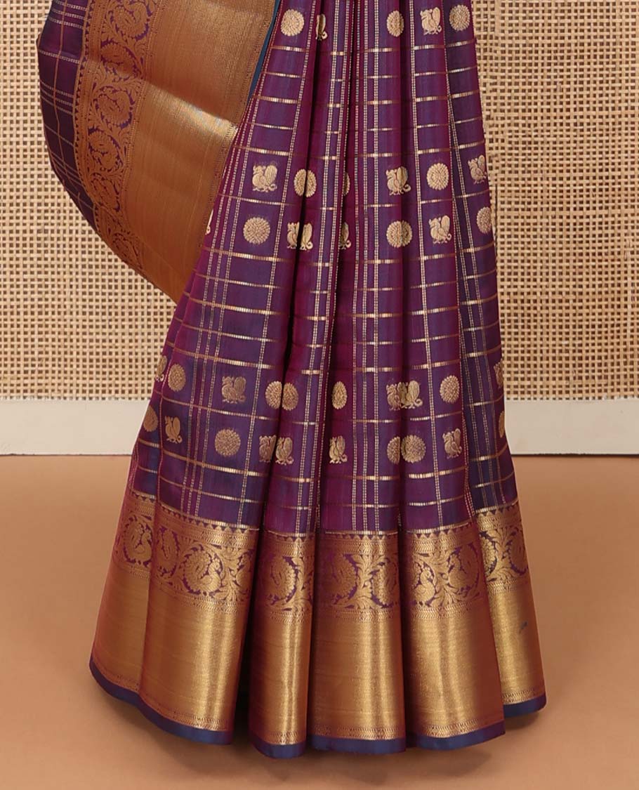 Purple annam chakram enclosed zari checked Vasundhara silk mix saree, zari border of rekku and kodi mayil designs, and jaal pallu