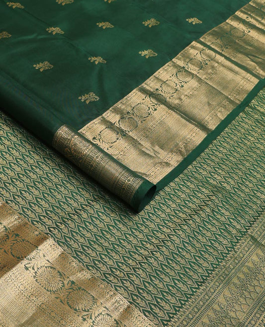 Green zari buttas Vasundhara silk mix saree, zari border of poun, kathir, diamond, neli, mayil kann, and kodi visiry designs, and Jaal patterned pallu