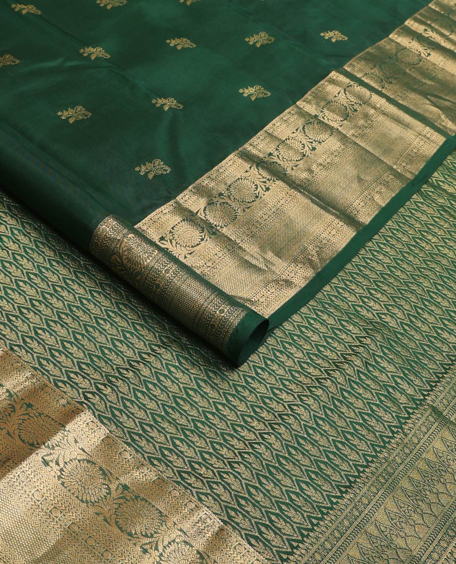 Green zari buttas Vasundhara silk mix saree, zari border of poun, kathir, diamond, neli, mayil kann, and kodi visiry designs, and Jaal patterned pallu